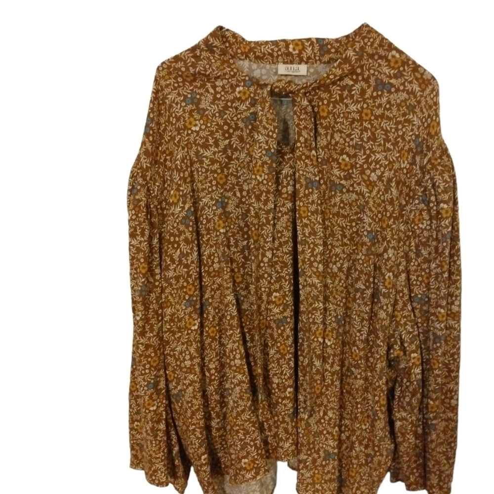 A.n.a. Brown floral design, Boho Tie Neck, Puff Sleeved, Plus Sized Top 2X